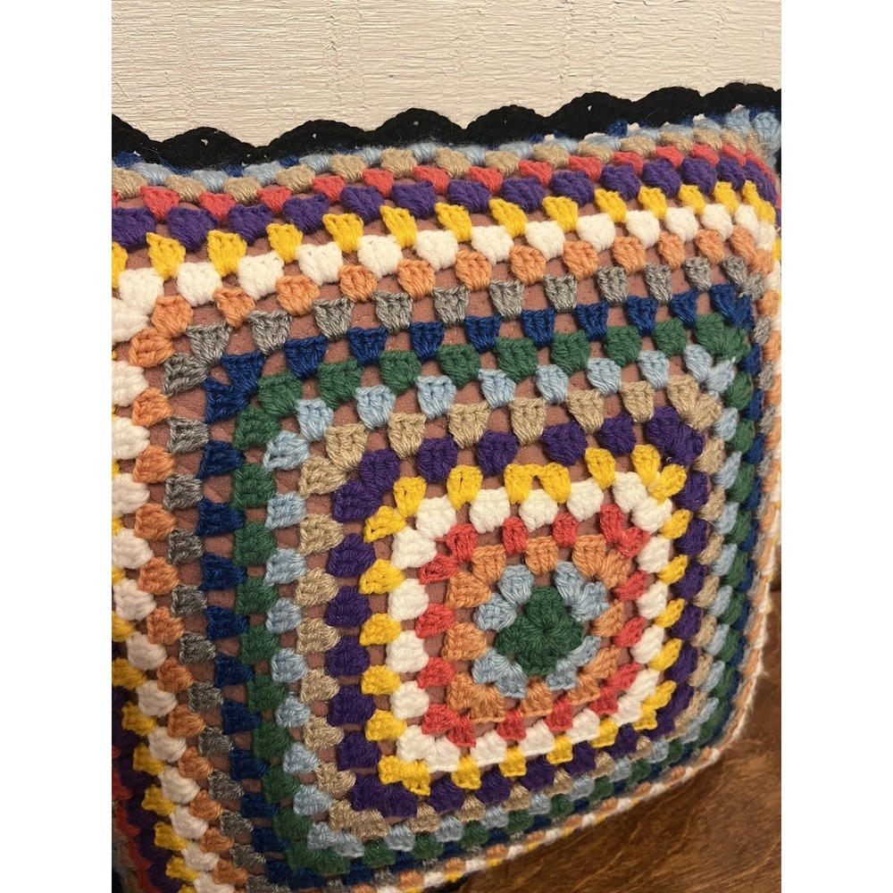 Two Afghan Granny Square Pillow Square Knit 16x16 Handmade - detailed & gorgeous